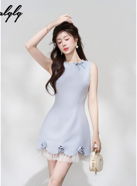 专柜品牌富家千金风蓝色无袖背心连衣裙女夏法式拼接网纱生日公主