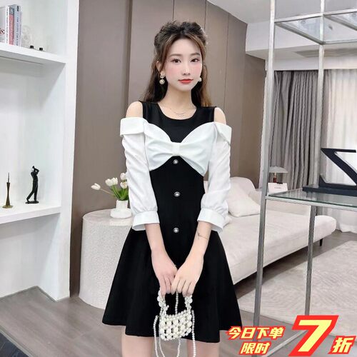专柜品牌法式A字遮肉连衣裙高腰显瘦通勤裙 棉氨纶弹性连衣裙