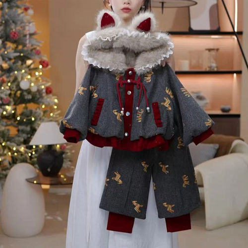 女童加绒加厚套装冬季2025新款儿童新年刺绣外套冬装女大童拜年服