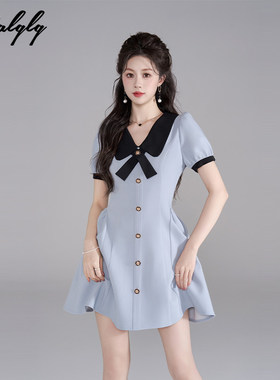 专柜品牌高级感法式蓝色娃娃领连衣裙女夏季掐腰荷叶边小香风甜美