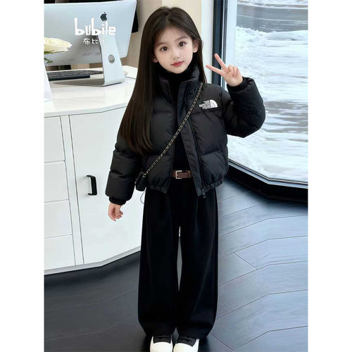 女童羽绒服2025新款冬季韩版短款立领加厚羽绒外套50白鸭绒面包服