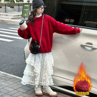 女童加厚卫衣冬2025新款初中生女孩冬季新年加绒红色年服上衣冬装