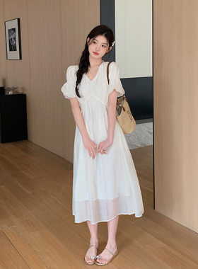 专柜十三行茶歇法式白色连衣裙女2025夏新款气质温柔风绝美超仙收