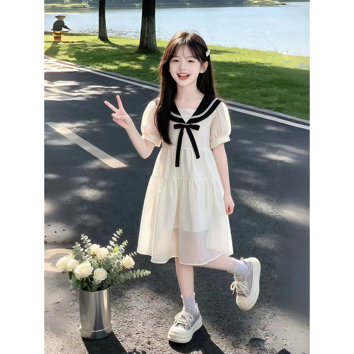 专柜正品女童绝美连衣裙夏季2026新款儿童学院风裙子女孩仙女裙公