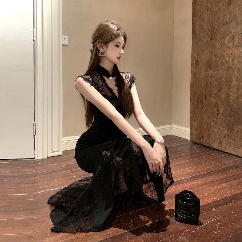 专柜正品新中式国风改良旗袍御姐风性感蕾丝紧身包臀鱼尾连衣裙20
