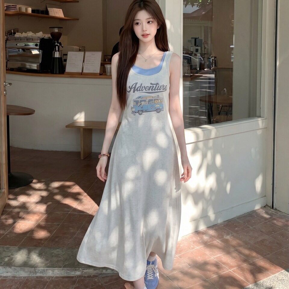 专柜正品韩系休闲灰色假两件无袖连衣裙女夏季收腰吊带背心长裙子