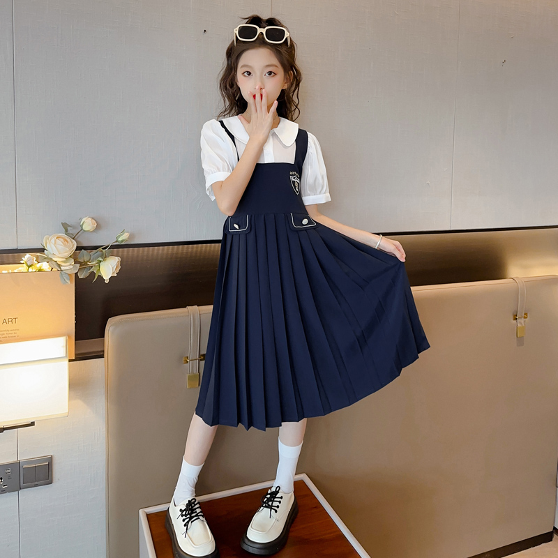 女大童jk制服学院风雪纺连衣裙夏装2025新款洋气女孩假两件裙子。