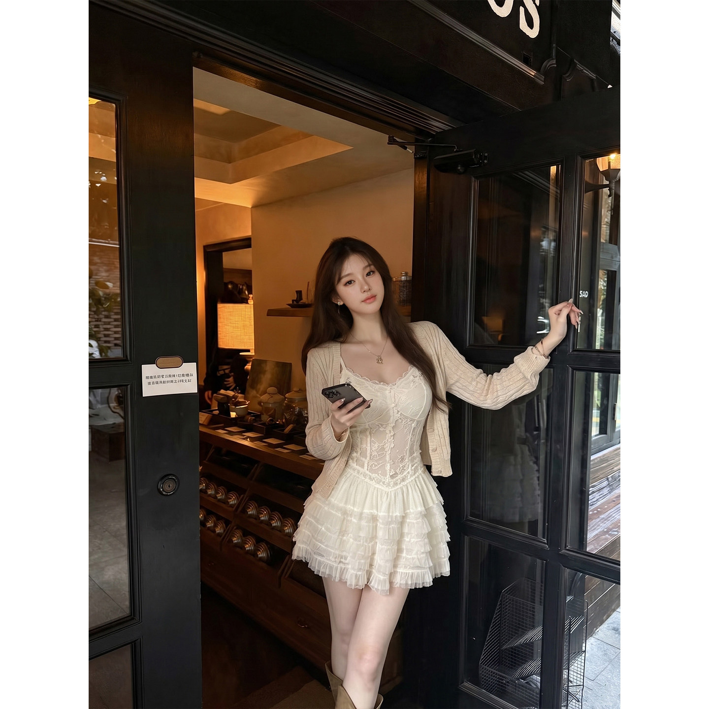 专柜正品法式纯欲风套装裙女夏季针织开衫蕾丝吊带蛋糕短裙三件套