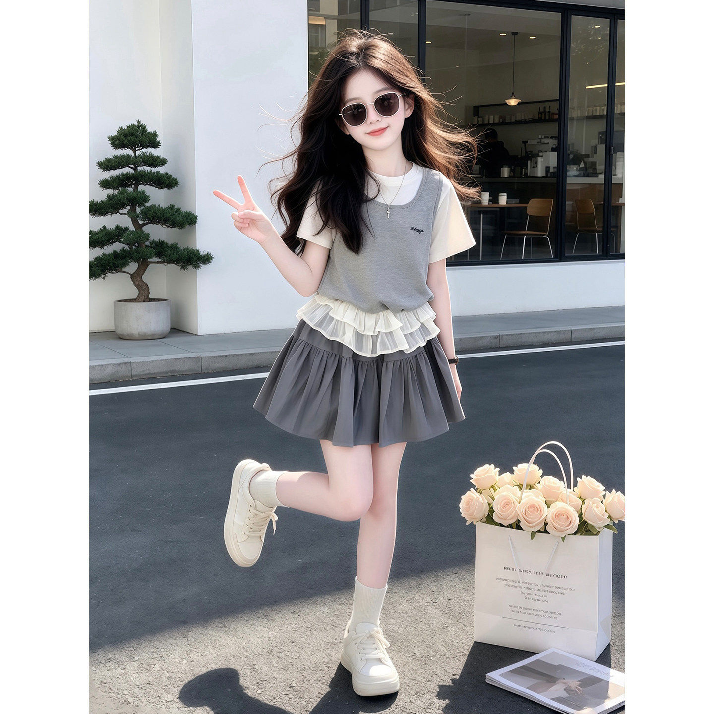 女童假两件套装夏季2026新款儿童洋气短袖T恤女孩夏装时髦百褶裙