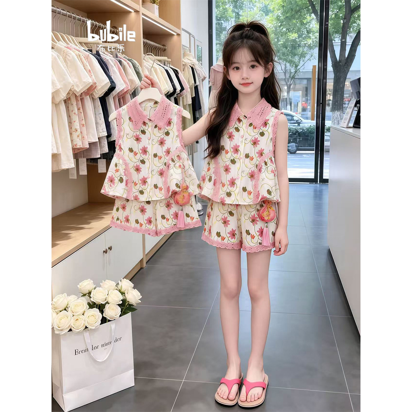 专柜正品女童夏季碎花套装2026新款蕾丝无袖背心花边短裤甜美休闲