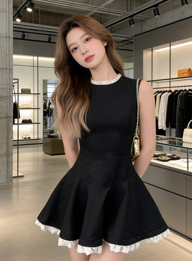 十三行正品法式千金风黑色无袖连衣裙女收腰显瘦荷叶边A字小黑裙