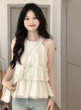 十三行正品韩系chic千金感白色挂脖上衣女夏2025超仙设计感显瘦荷