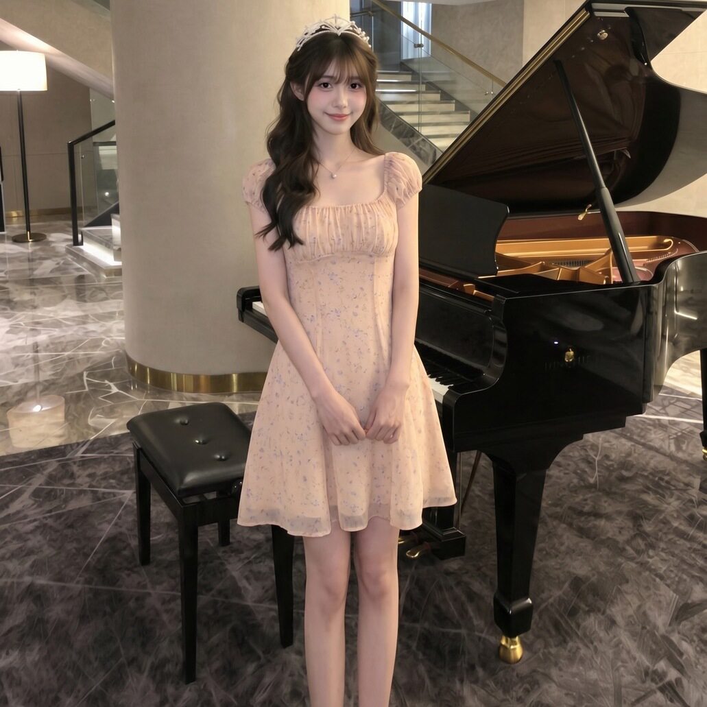 专柜正品莫奈花园 粉色碎花连衣裙女夏收腰显瘦韩系度假风A字短裙