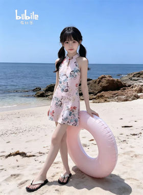 专柜正品女童国风挂脖旗袍泳衣2026新款旗袍裙试保守儿童度假连体