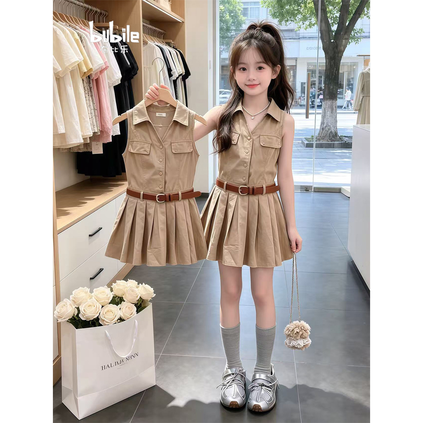 专柜正品女童工装无袖衬衫连衣裙2026新款夏季儿童翻领配腰带百褶