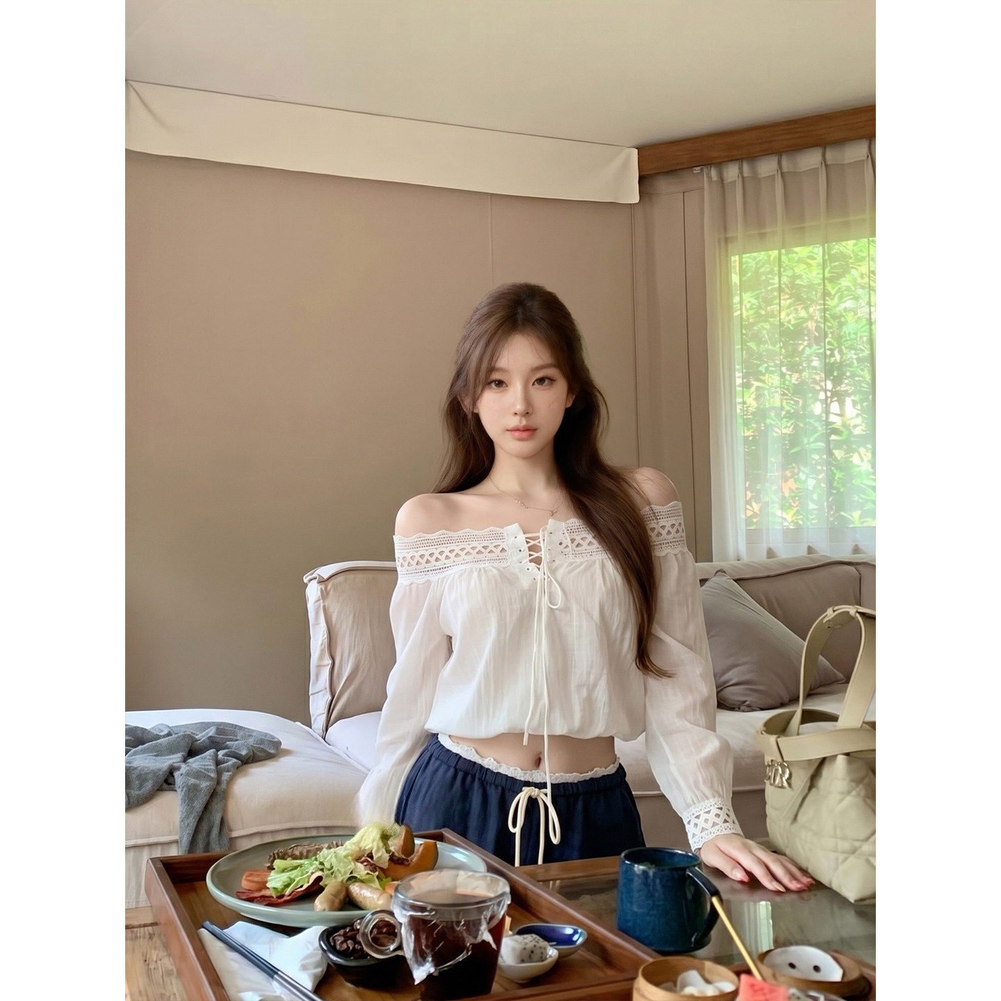 专柜正品法式一字肩白色衬衣女夏季花苞气质小衫薄款防晒长袖上衣
