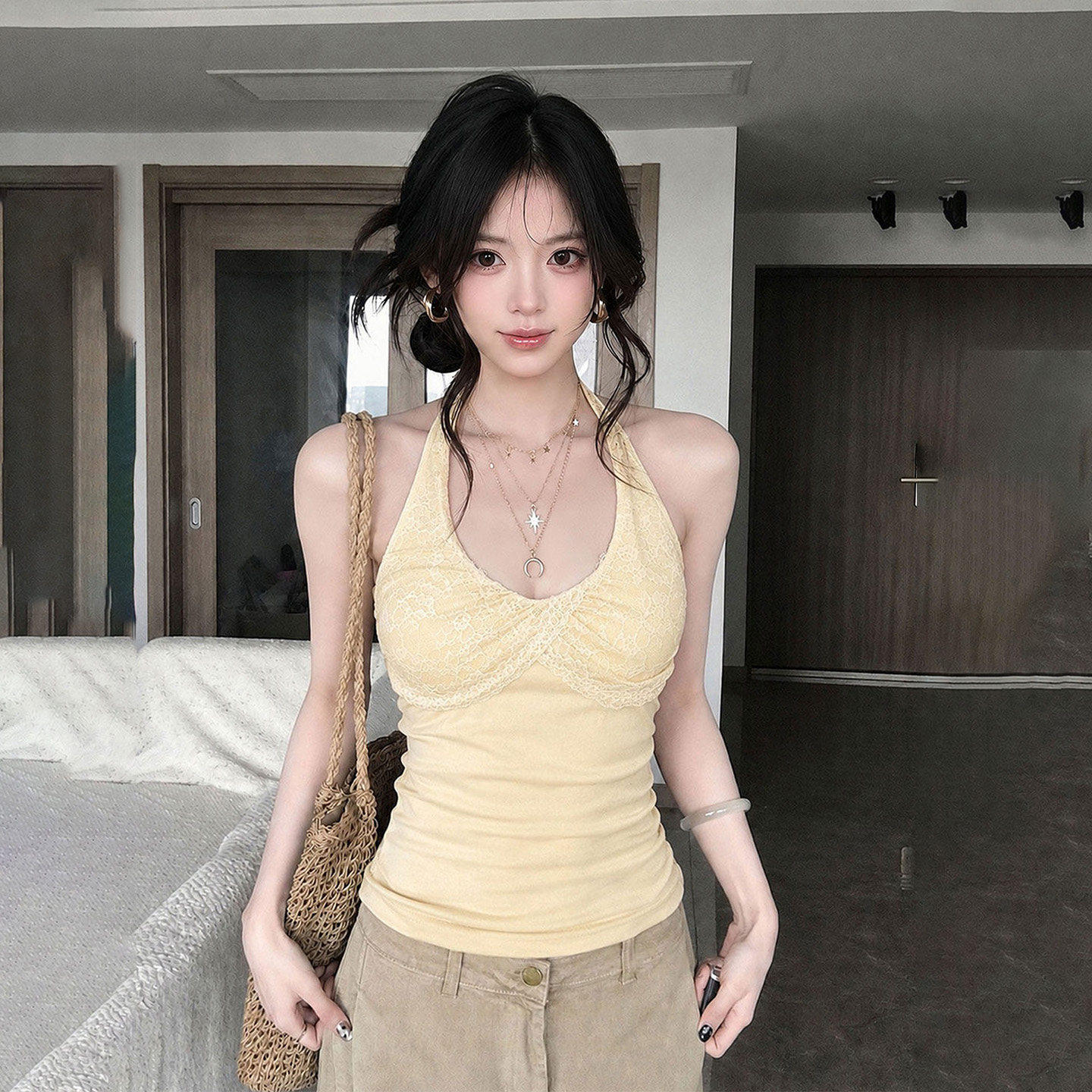 专柜正品多巴胺蕾丝拼接黄色吊带背心女夏纯欲性感辣妹修身显瘦无