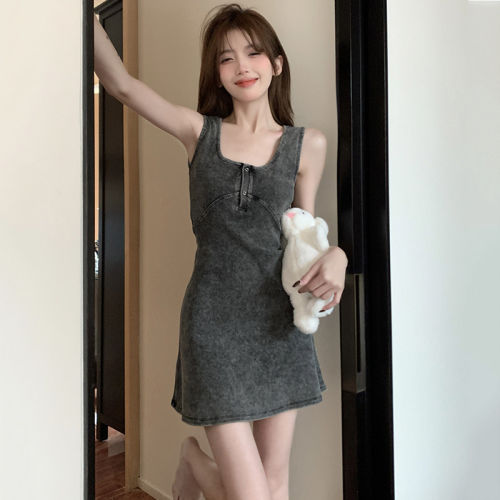 十三行正品法式复古灰色方领吊带连衣裙子女收腰显瘦性感a字短裙