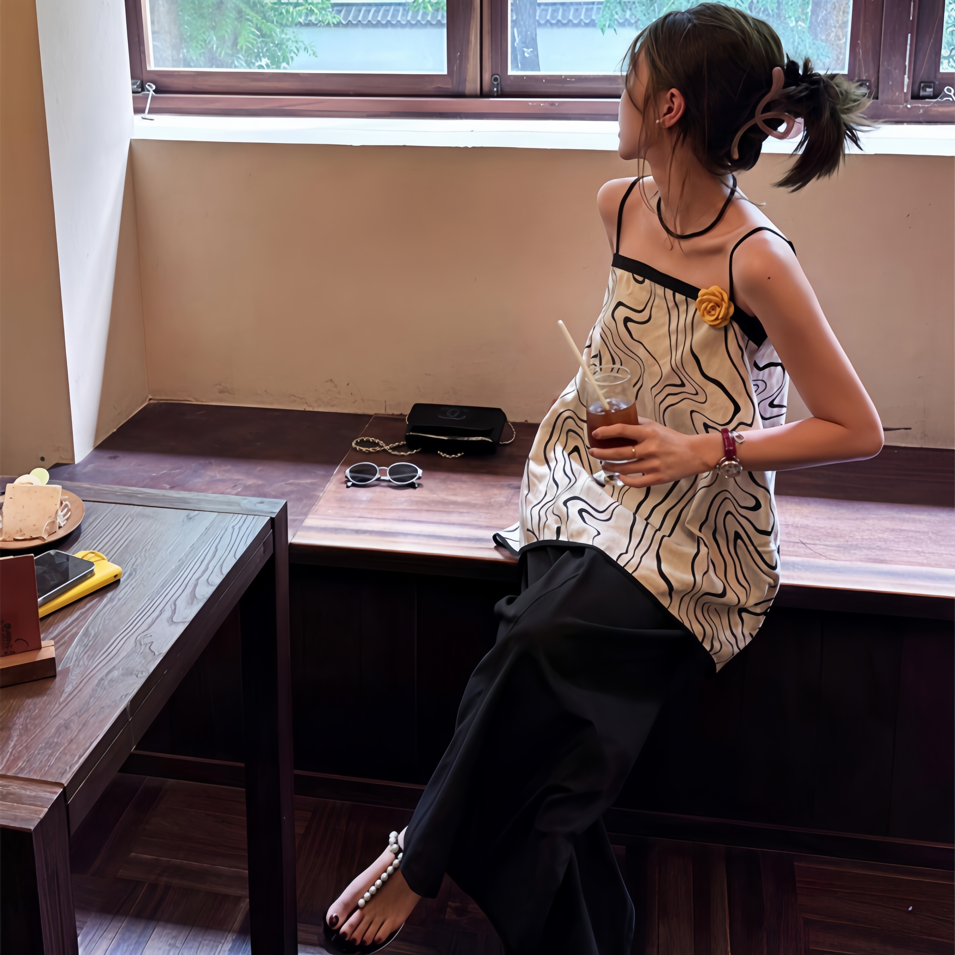 专柜正品度假风无袖背心显瘦打底衫吊带黑色阔腿西装裤垂感休闲超