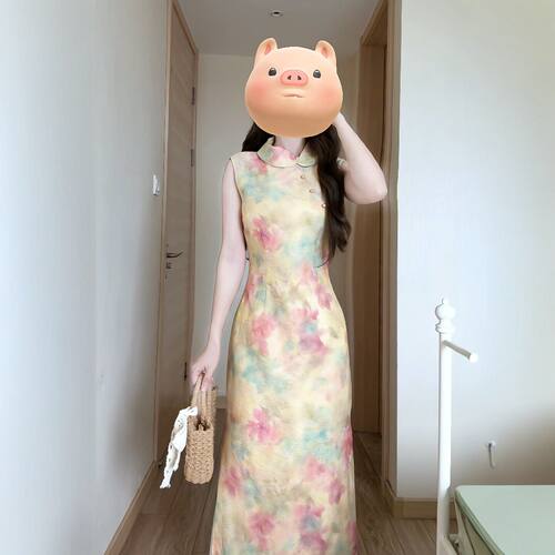 专柜正品新中式国风改良旗袍长裙复古漂亮绝美晕染印花修身连衣裙