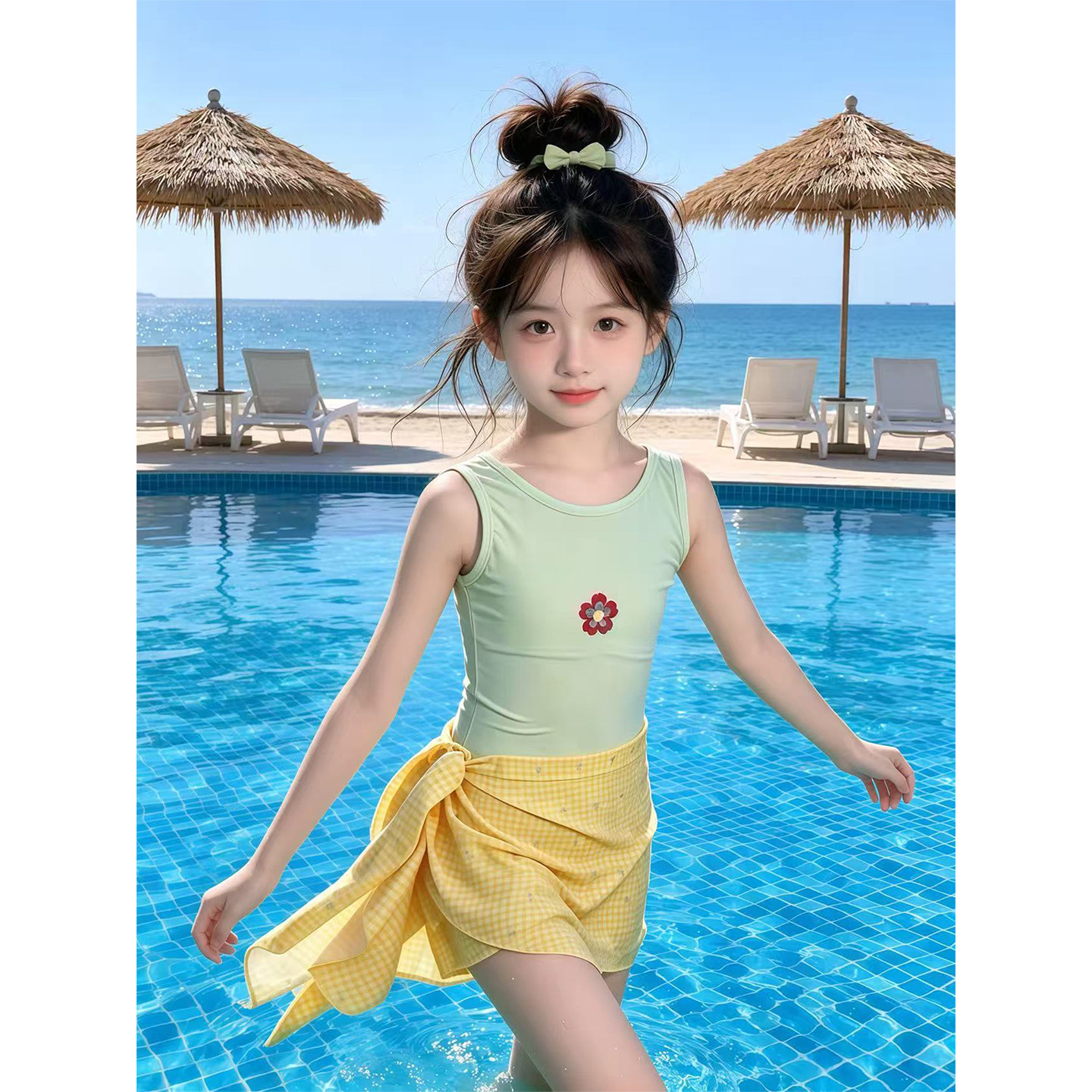 专柜正品女童泳衣套装2026新款圆领花朵印花连体游泳衣格子防晒开