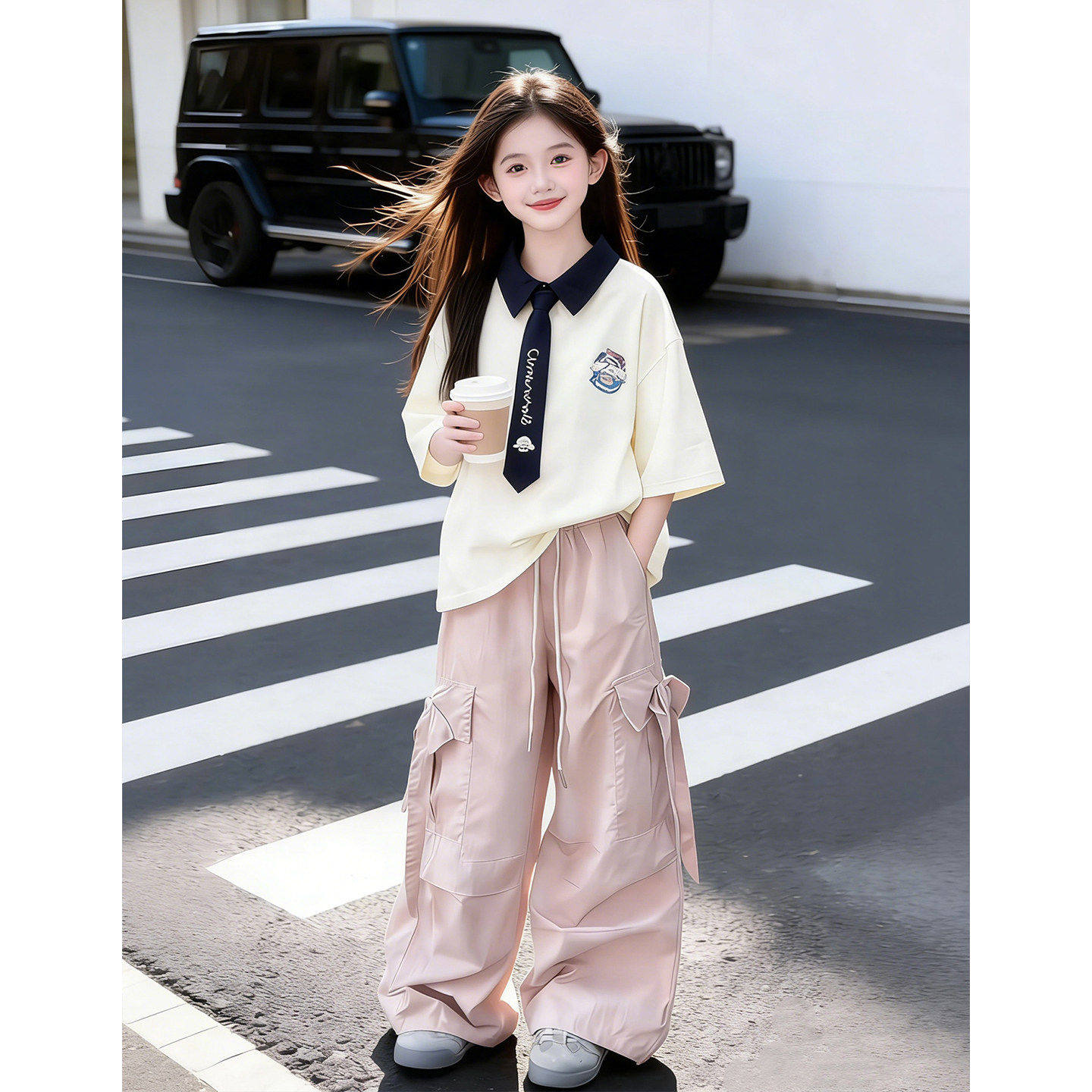 女童套装夏薄款2026新款儿童夏季洋气短袖POLO女孩甜酷粉色工装裤