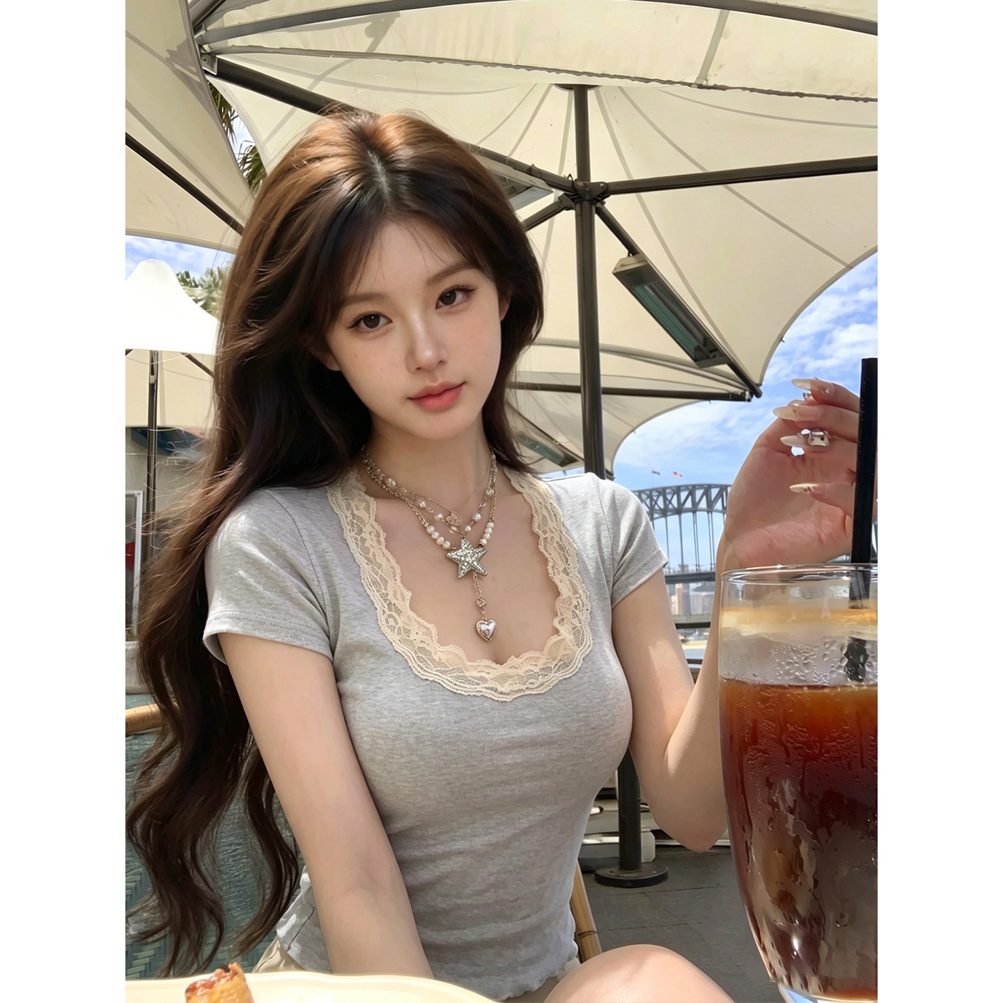 专柜正品纯欲风灰色u领短袖T恤女夏季蕾丝边修身显瘦辣妹短款上衣