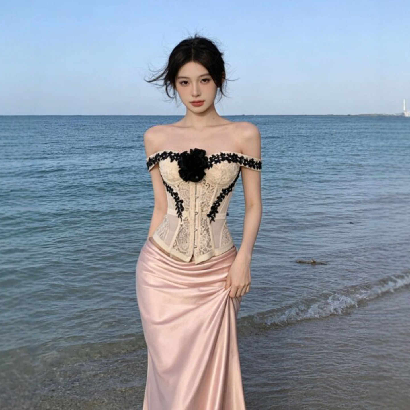 专柜正品海边度假风绝美一字肩上衣半身裙两件套装减龄一整套穿搭