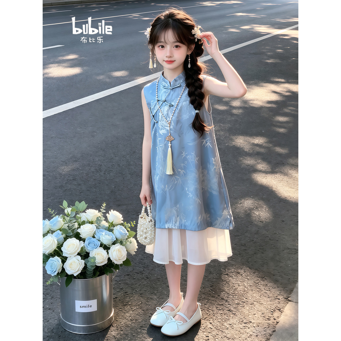 专柜正品女童新中式旗袍连衣裙2026夏季新款蓝色立领盘扣假两件国