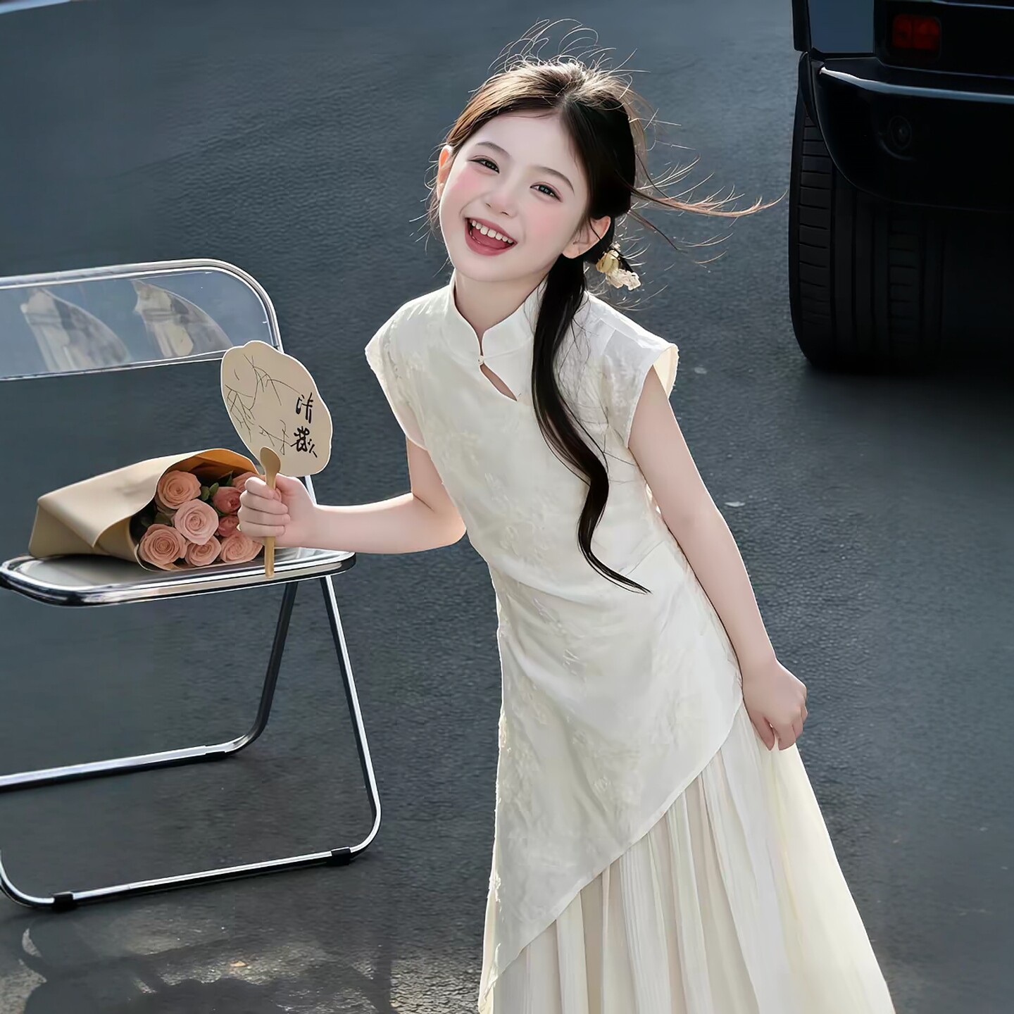 专柜正品女童夏季韩版无袖连衣裙中长裙洋气甜美白色裙子新款