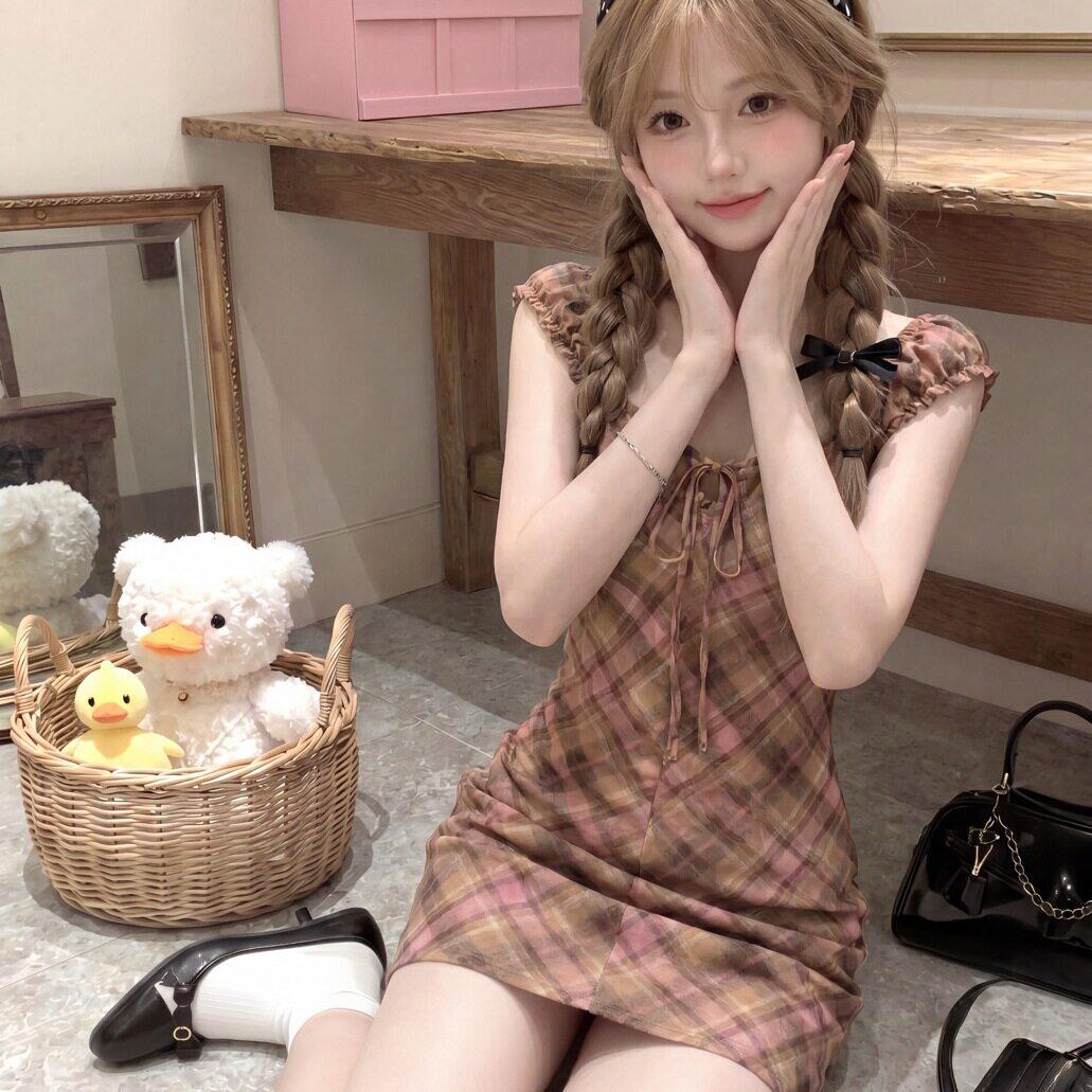 专柜正品格纹性感方领连衣裙女2026夏季新款辣妹 一字肩收腰短裙