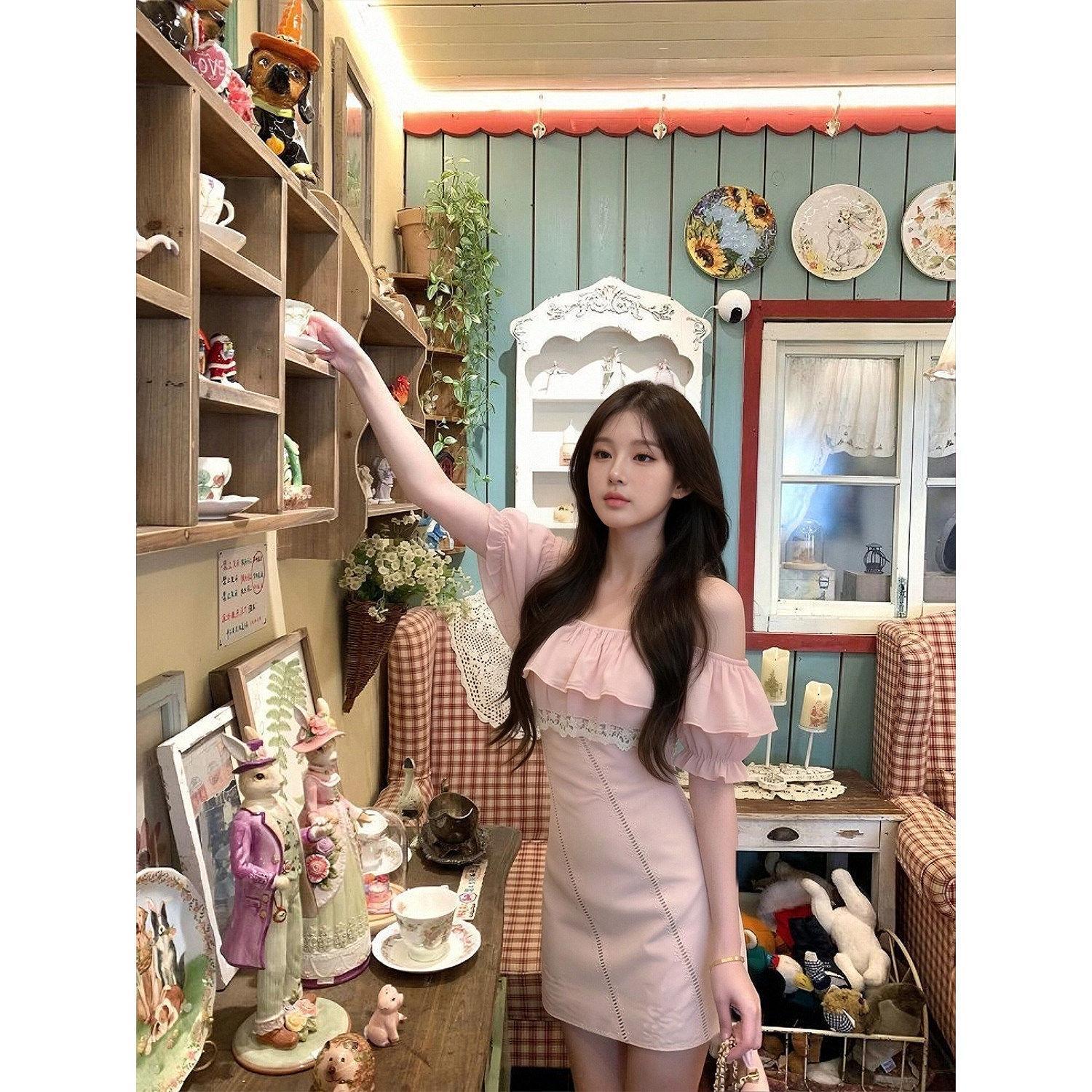 专柜正品法式荷叶边一字肩连衣裙女夏季蕾丝边收腰显瘦包臀短裙子