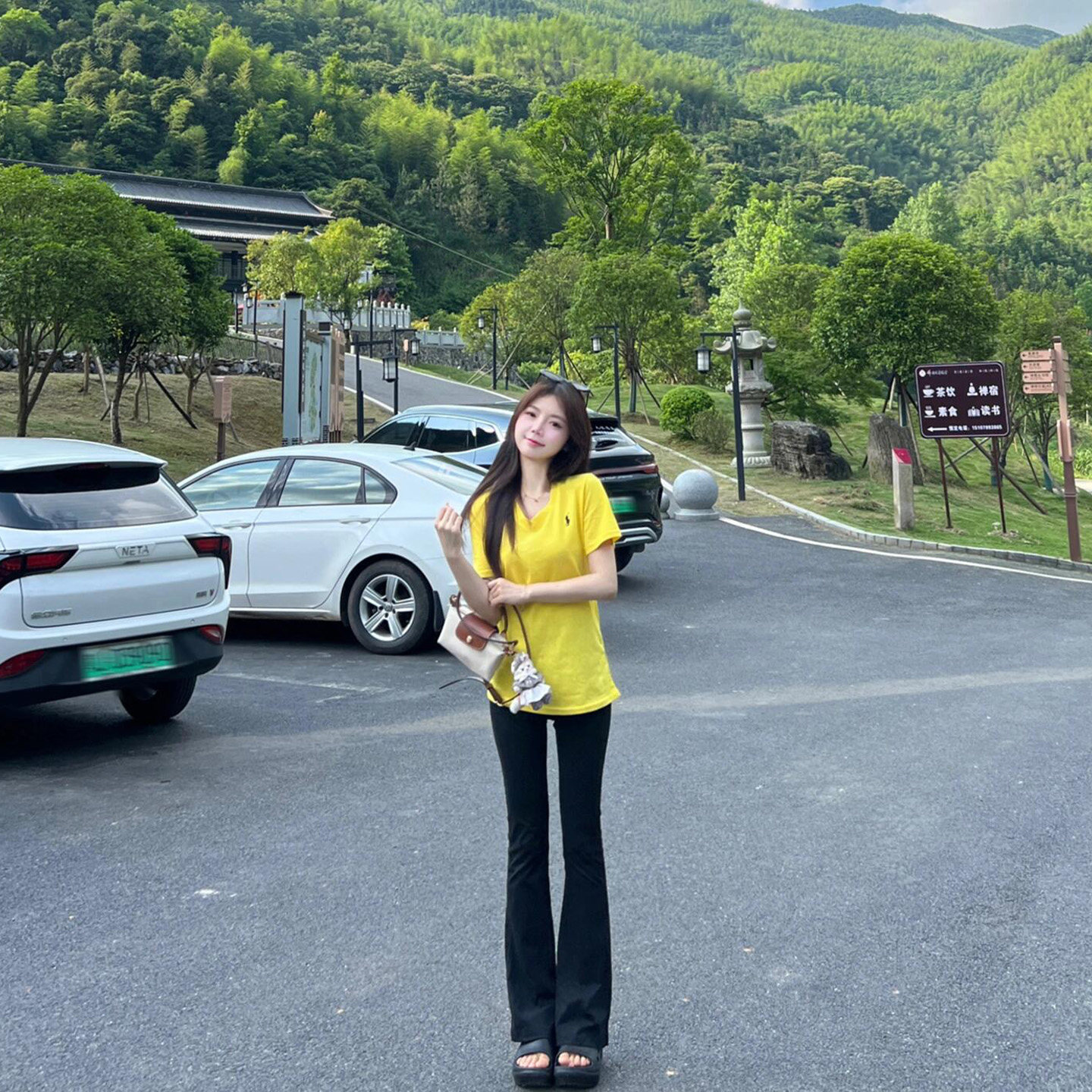 专柜正品黄色v领简约短袖t恤女夏季韩系修身显瘦休闲百搭小个子打