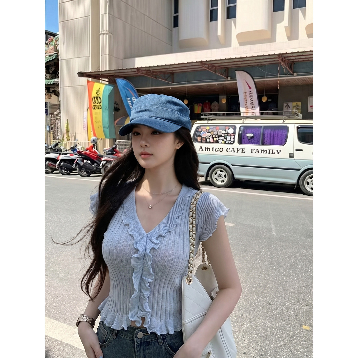 专柜正品甜辣风v领木耳边针织短袖女夏季短款修身显瘦荷叶边上衣