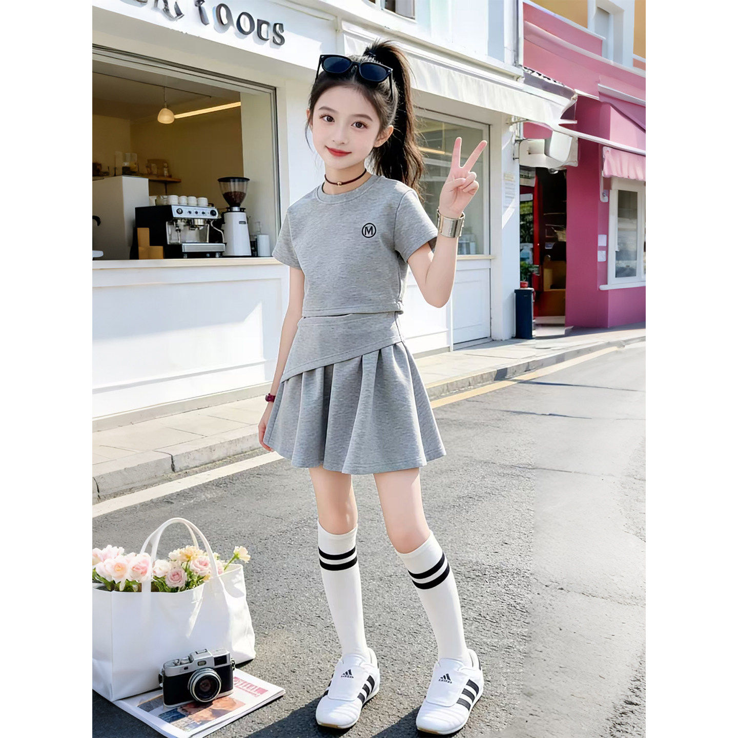 女童套装2026夏季学院风新款衣服中大童休闲字母上衣半身裙两件套