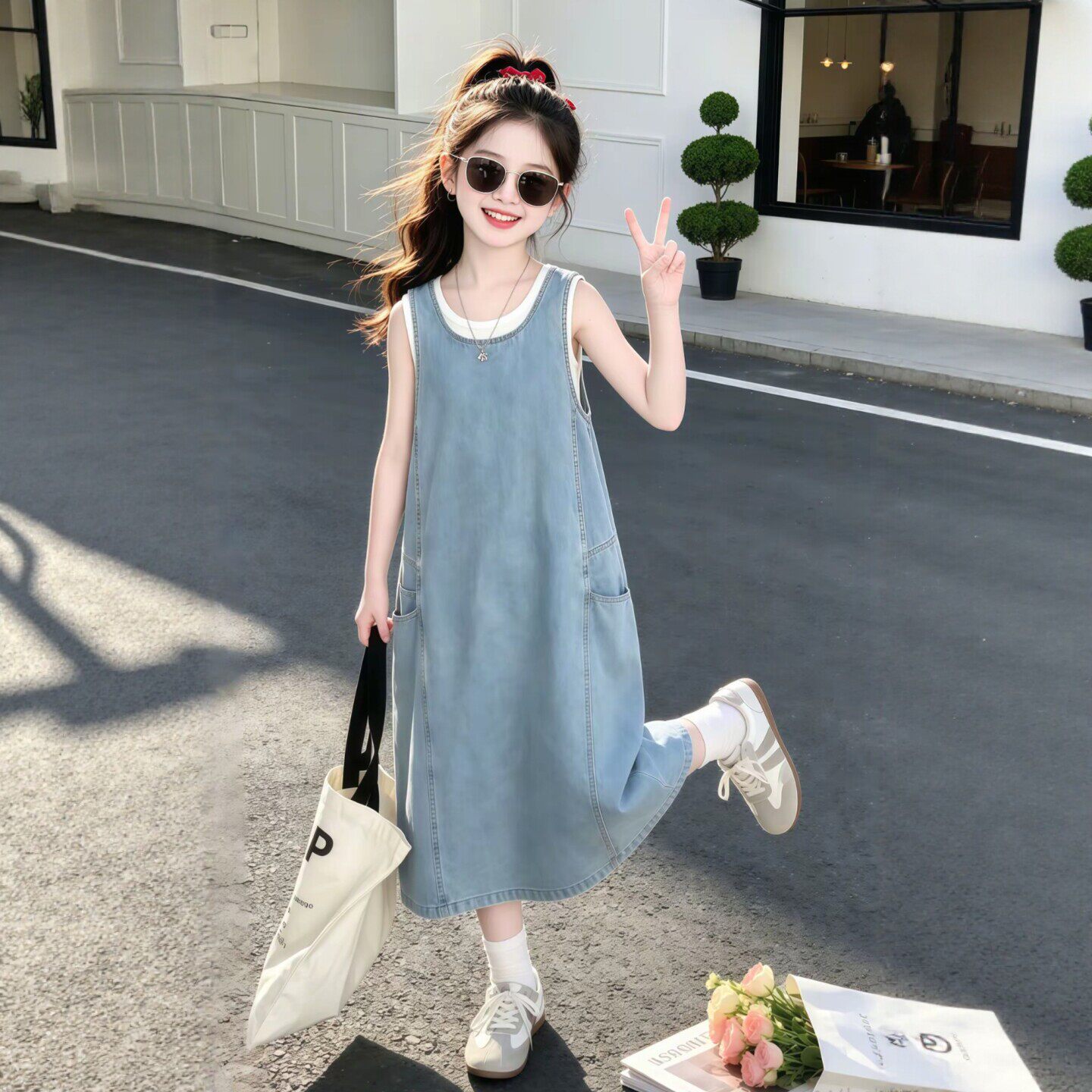 专柜正品女大童巨好看无袖牛仔连衣裙夏季2026新款儿童中长裙背心
