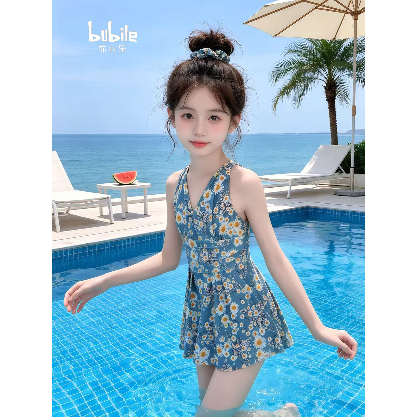专柜正品女童泳衣2026新款儿童碎花裙式游泳衣夏季女孩绝美连衣裙