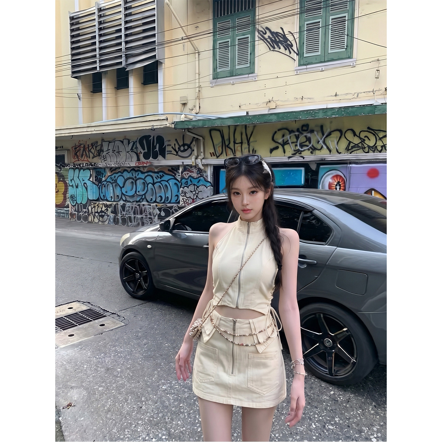 专柜正品韩系辣妹牛仔套装裙女夏季无袖挂脖上衣a字包臀短裙两件