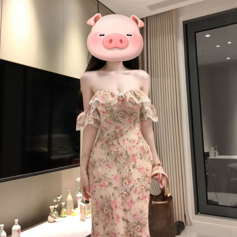 专柜正品御姐独特绝美连衣裙复古时尚超好看一字肩碎花修身长裙20