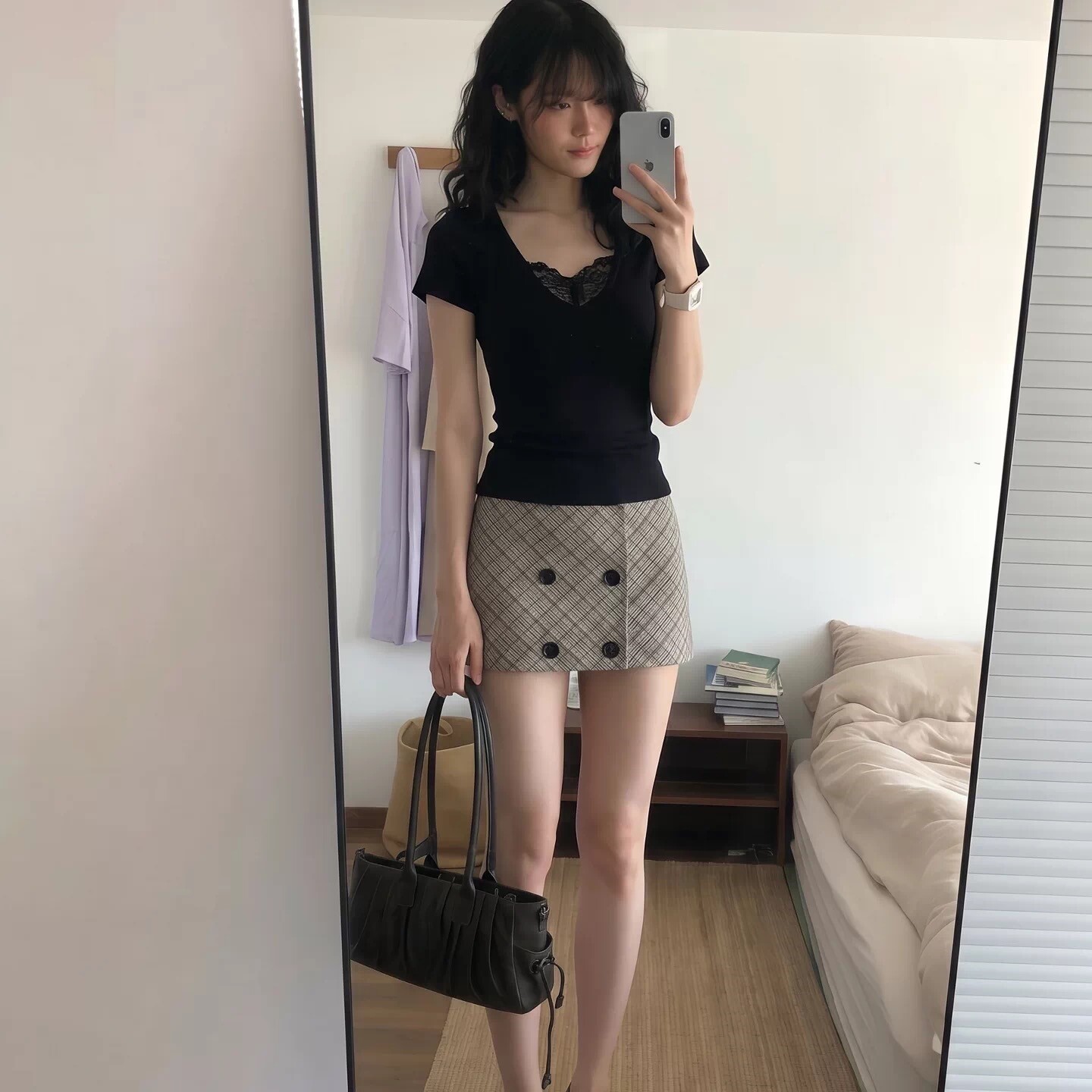 专柜正品夏季穿搭黑色短袖T恤女蕾丝拼接纯欲风上衣小个子格纹a字