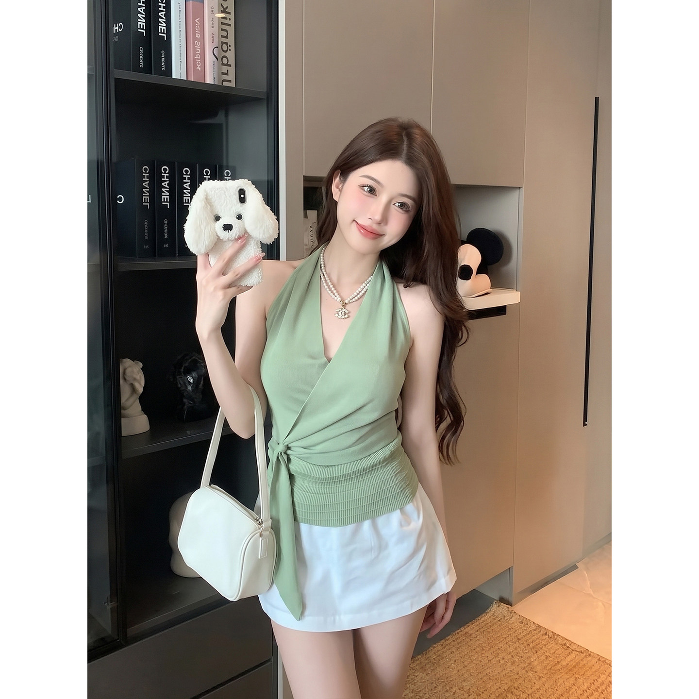 专柜正品纯欲风挂脖V领背心女夏外穿交叉绑带收腰显瘦无袖露背上