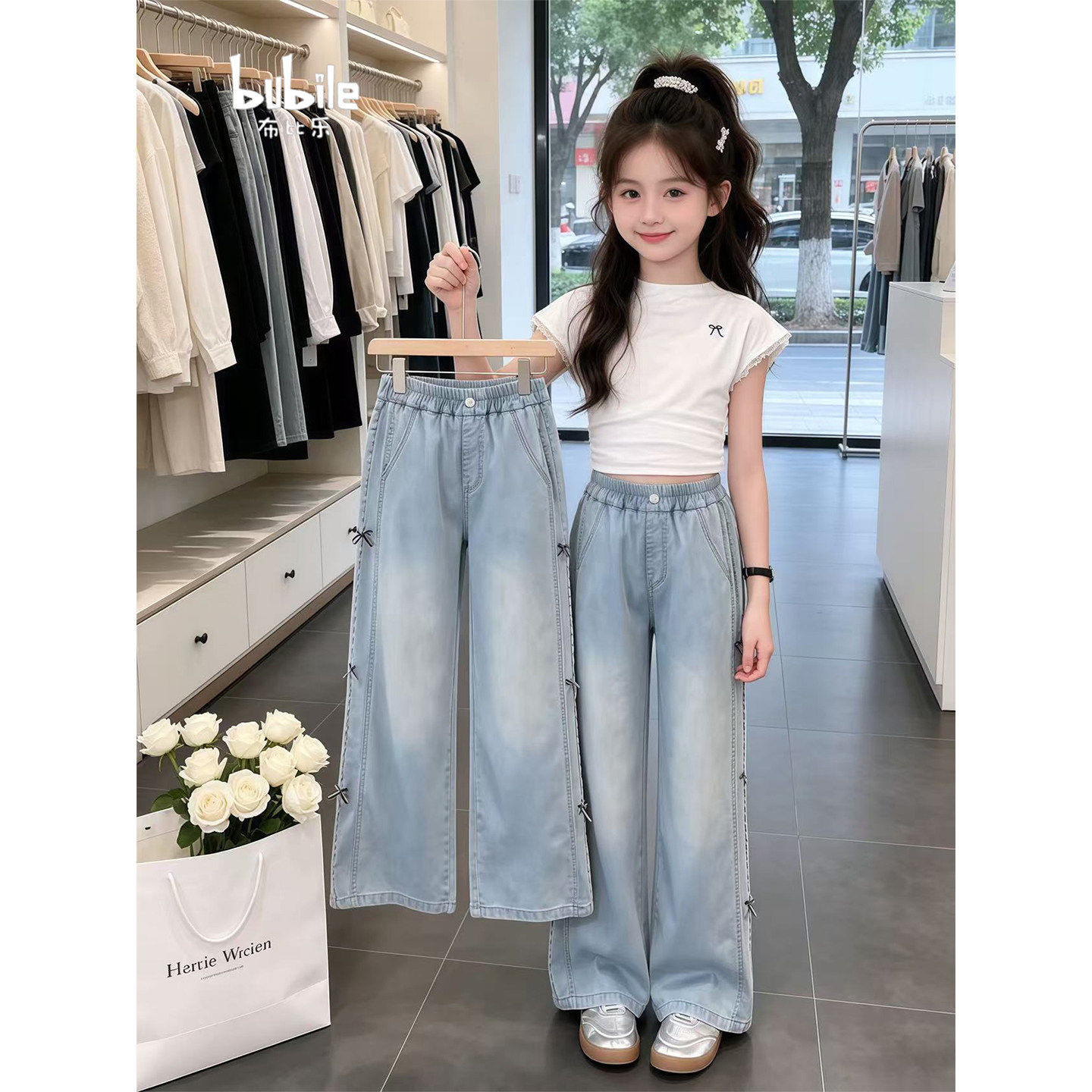 女童裤子夏薄款2026新款初中生小女孩百搭阔腿裤女大童夏季牛仔裤