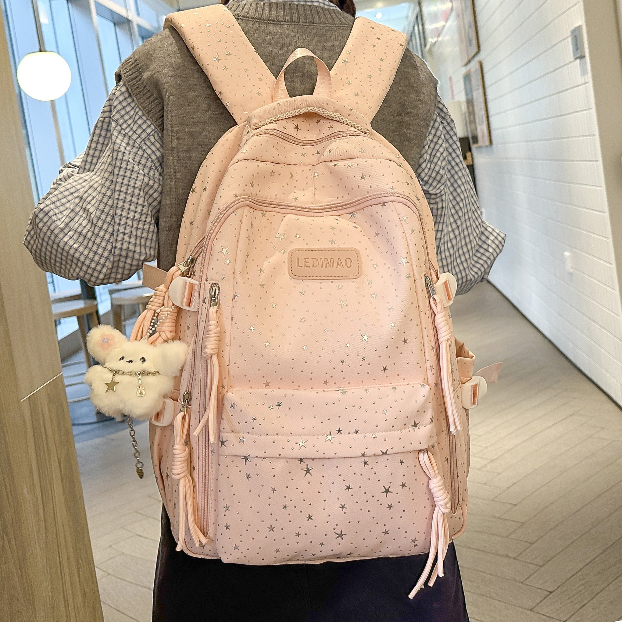 专柜正品可爱书包女韩版森系星星印花亮片双肩包初中高中大学生上