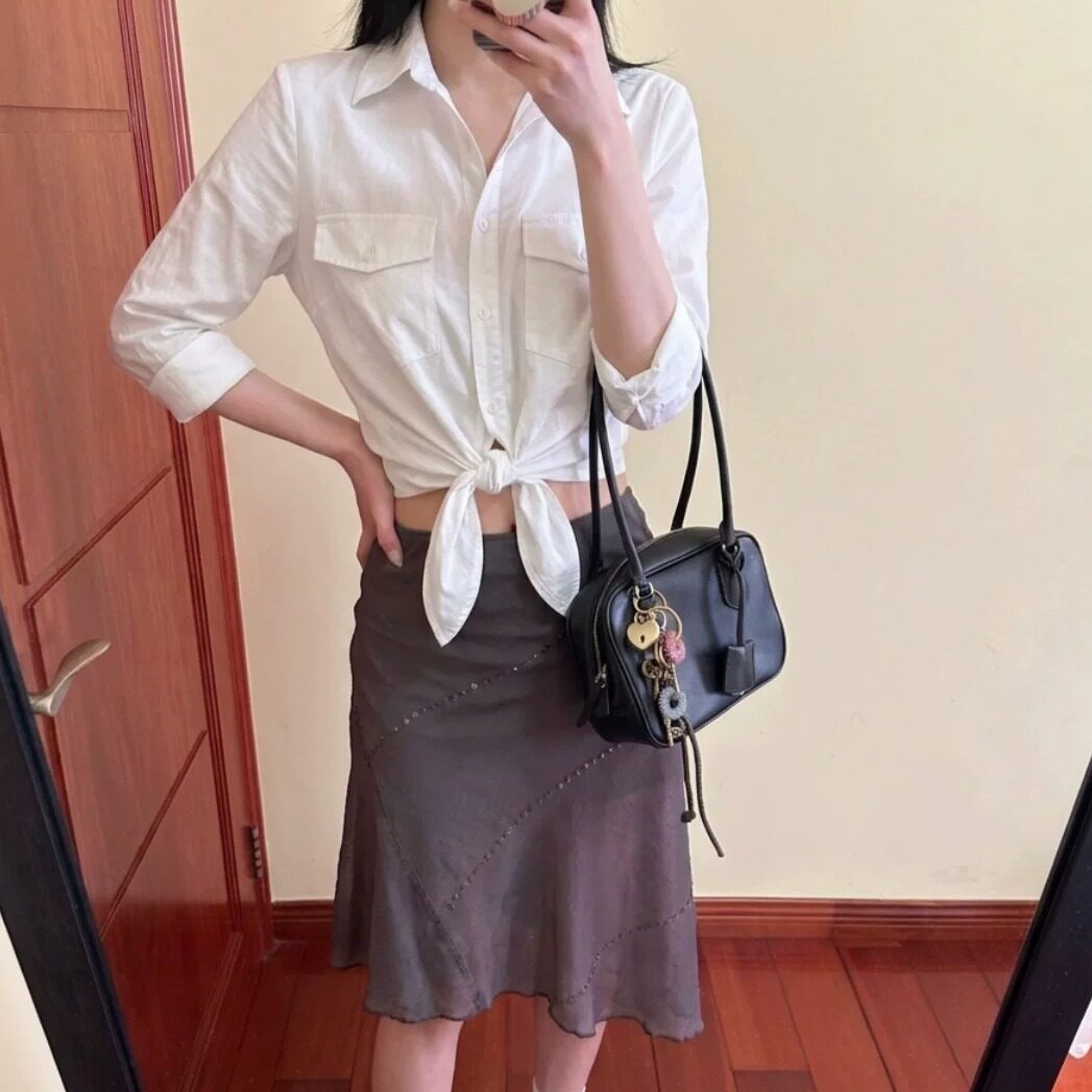 专柜正品白色polo长袖衬衫女夏季修身显瘦纯欲风露脐衬衣上衣设计