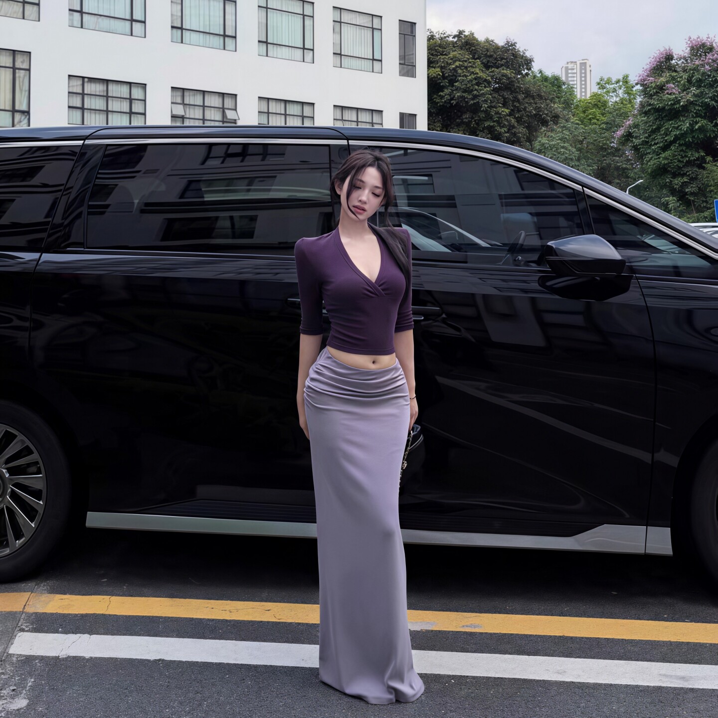 专柜正品夏季穿搭法式纯欲风性感修身短袖上衣显瘦包臀半身群中长