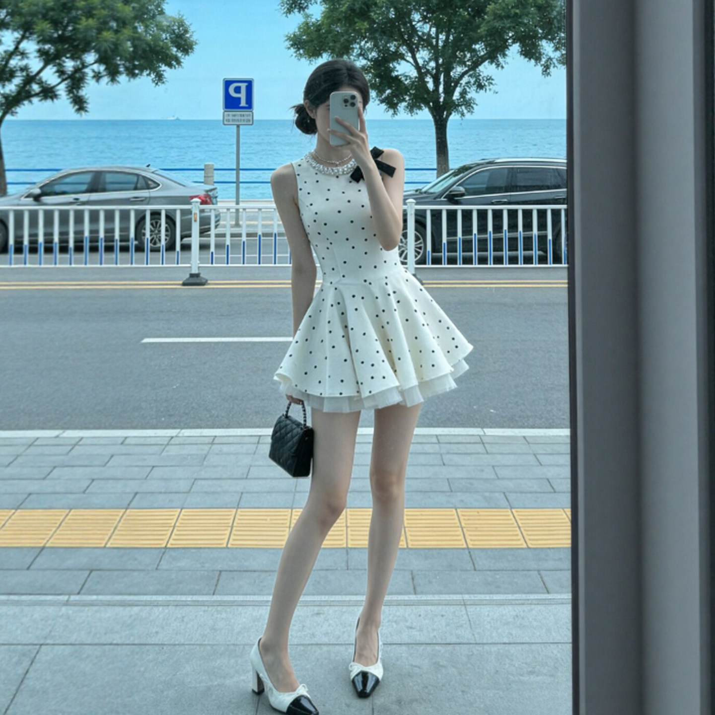 专柜正品韩系小个子巨好看的波点收腰蓬蓬短裙温柔风甜美背心连衣