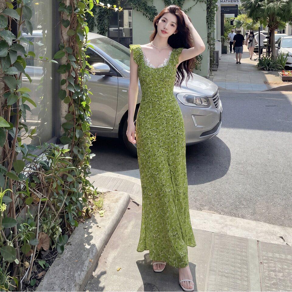 专柜正品原创设计绿色蕾丝吊带连衣裙显白高腰长裙休闲度假风鱼尾