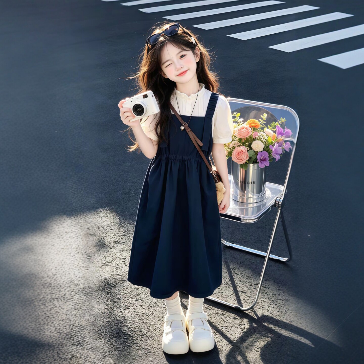 专柜正品女童韩版背带连衣裙夏季中长裙藏蓝色无袖超好看韩系穿搭