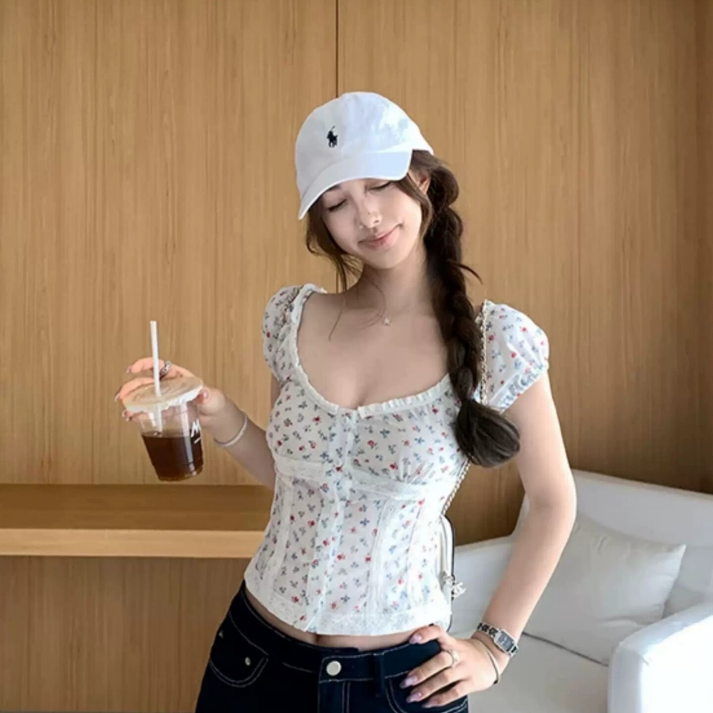 专柜正品韩系甜美少女风白色蕾丝拼接泡泡袖衬衫女新款夏修身显瘦