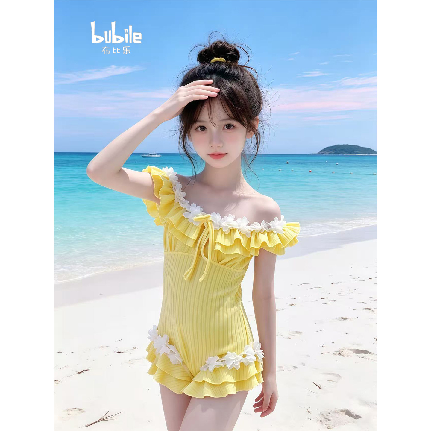 专柜正品女童一字肩连体泳衣2026新款夏季儿童竖条纹双层荷叶花边